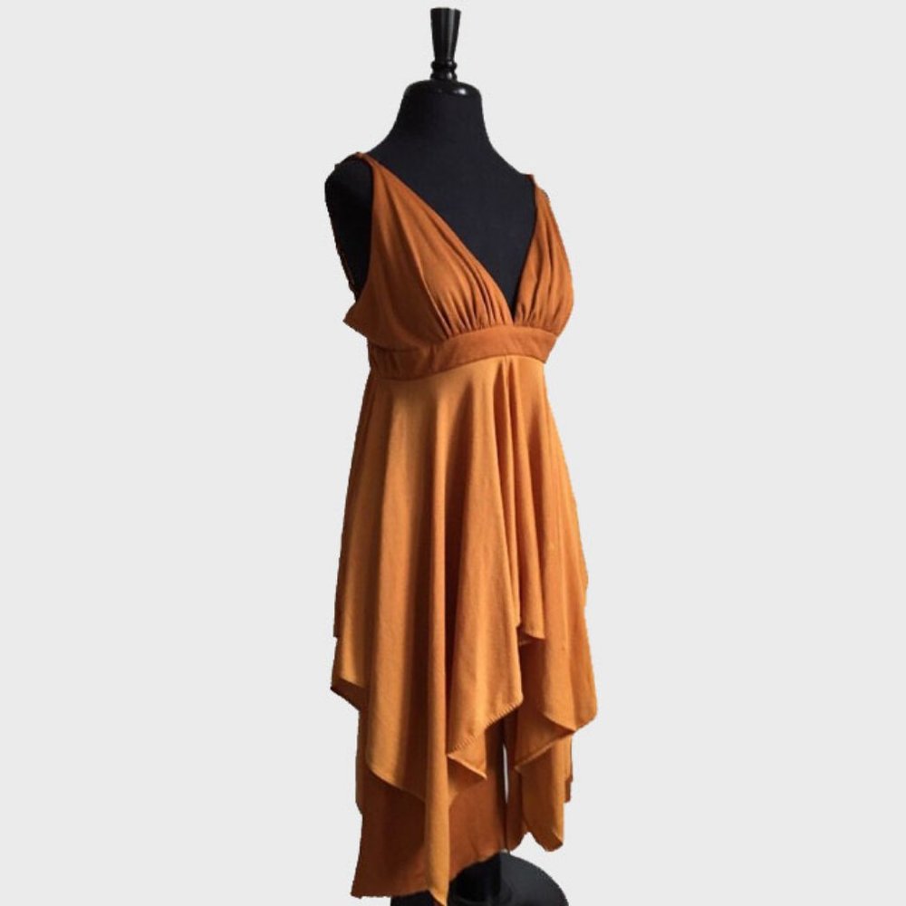 Vtg 70s Copper Asymmetric Hankie Hem Romper Dress… - image 3